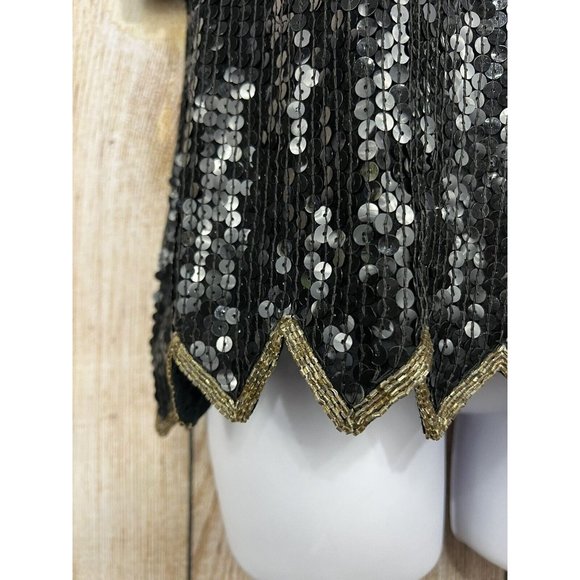Vtg 80s Beaded Sequin Top Sz Small Black Jewel Tones S Mob Wife Festive Glam - Picture 4 of 9